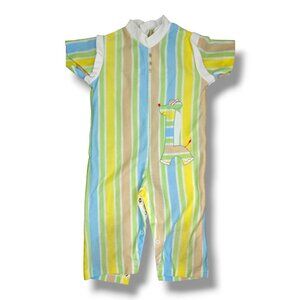 Vintage Tiny Tots Original Romper Baby Boy Girl Size 6m Green Striped Colorful